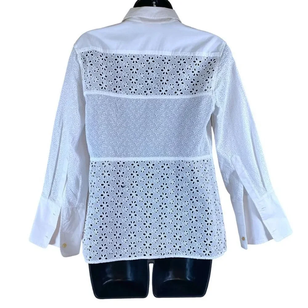 Tory Burch Ivory Eyelet Patchwork Button Down 3/4 Sleeve Shirt